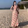 French temperament red plaid dress children's summer new seaside vacation Korean sleeveless waist pinch dress