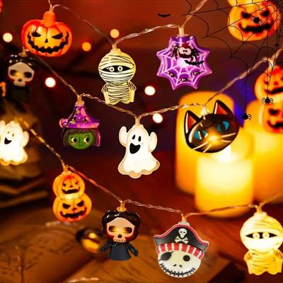 Halloween 10/20 LED Battery Powered String Lights With Ghost Witch Cat Pumpkin Spider Web Skeleton Mummy Pirate Shape Indoor