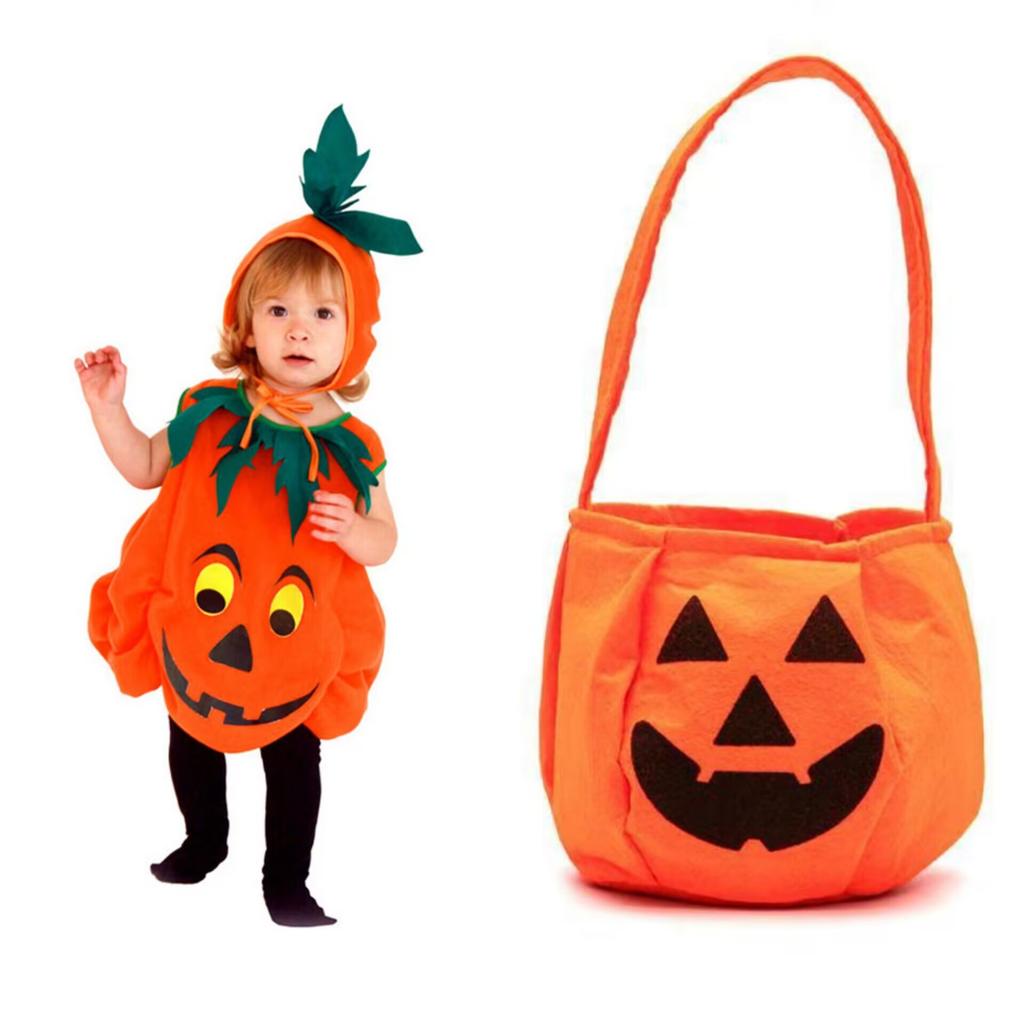 Set Costume di Zucca di Halloween per Bambini Ragazzi Ragazze Tuta Zucca Carina con Cappello e Sacchetto per Dolci Festa di Halloween Performance sul Palco