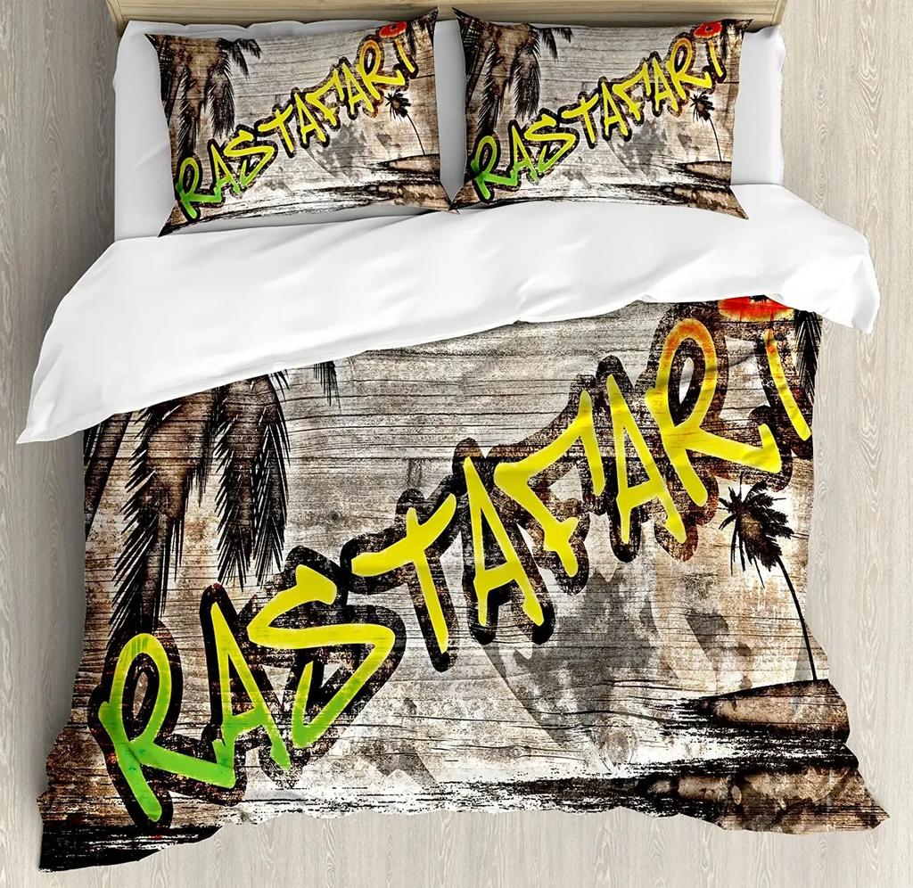 Rasta Bettbezug-Set, Löwe Eine Rastafari-Flagge Dschungel Reggae Bettwäsche-Set Kunst Bunt Kulturell Folkloristisch Druck Bettdeckenbezug-Set