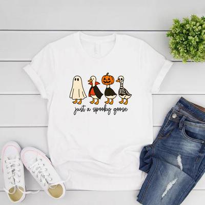 Just A Spooky Goose Tshirt Funny Halloween Goose T Shirt Unisex Women Short Sleeve Graphic Tees Cute Horror Tshirt Halloween Gift
