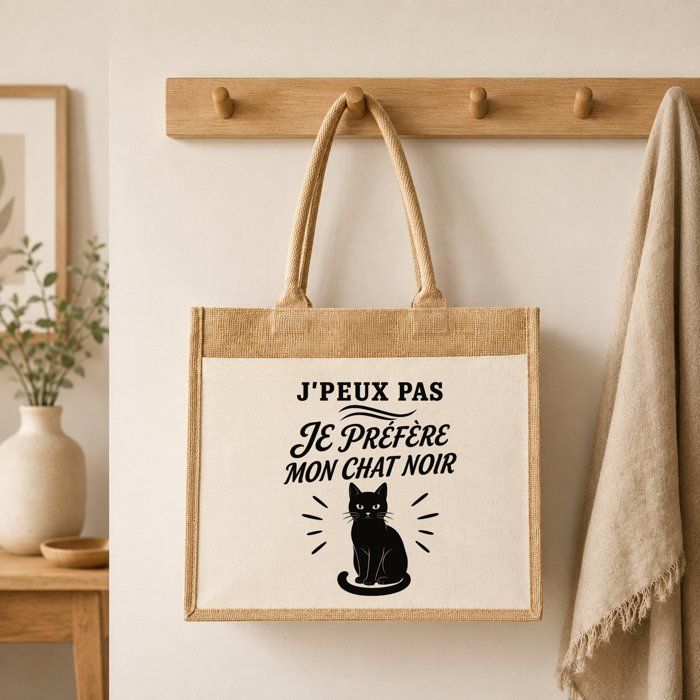 Sac cabas - PLANETEE - J'peux pas minimaliste - Toile de jute &amp; coton - 21 L (43×33×21 cm) - Illustration chat noir