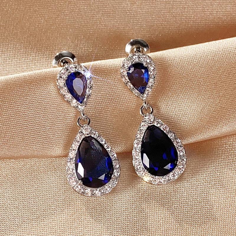 Two Tier Teardrop Halo Dangle Stud Earrings Multi Color Option Women Wedding Formal Drop Ear Jewelry