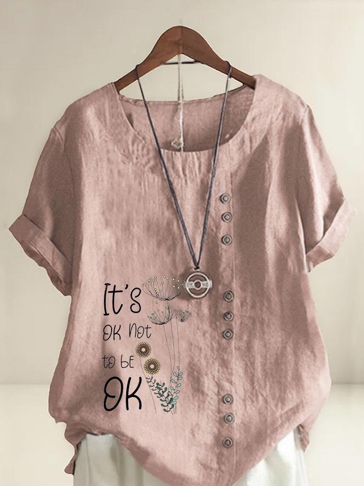Women's Fashion Flowers and Dandelion Letters Print Round Neck Short Sleeve T-shirt Casual Cotton Linen Graphic Shirt Leisure Loose Summer Blouse Tops