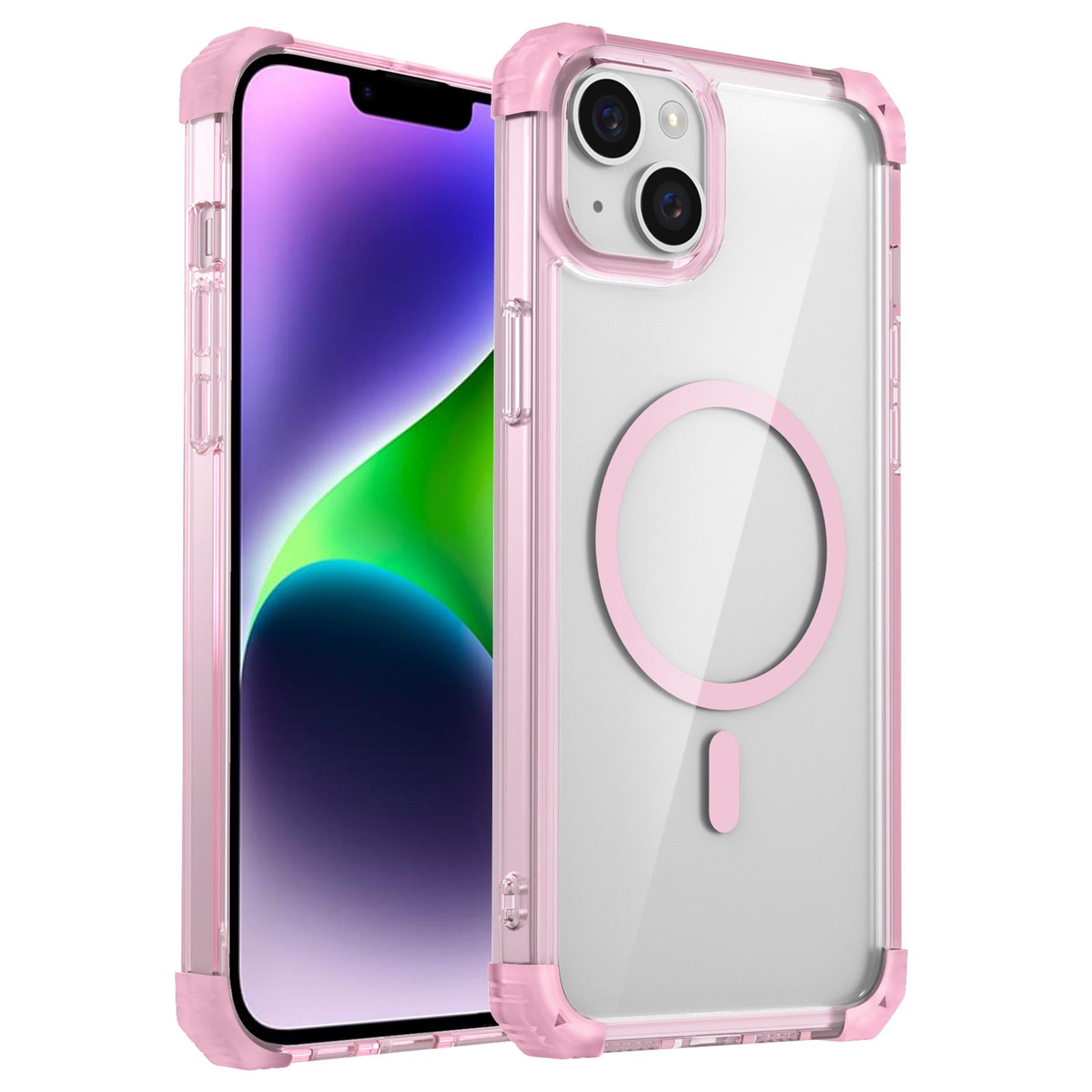 

For iPhone 13/14 Magnetic Case TPU+PC Clear Back Phone Cover Reinforced Drop Protection Transparent Pink