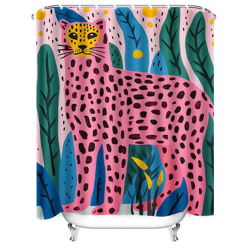 Vibrant Printed Animal Shower Curtain: Leopard Design In Bold Pink With Green Leaves Waterproof Fabric For Bathroom Decorations