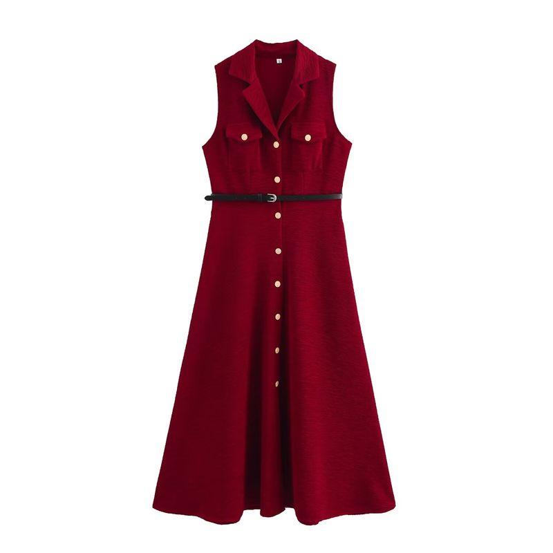 

Kaslead New Arrival Women s Fashion Style Fashion Minimalist Texture Lapel and Waist Tight Sleeveless Dress Red L
