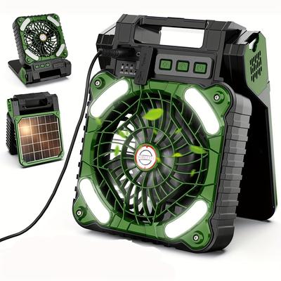 Ventilateur de Camping Solaire avec Lanterne LED, 4 Vitesses Vent Puissant Batterie Rechargeable Fonctionnement sur Batterie Ventilateur Portable, Ventilateur de Bureau avec Minuterie Power Bank