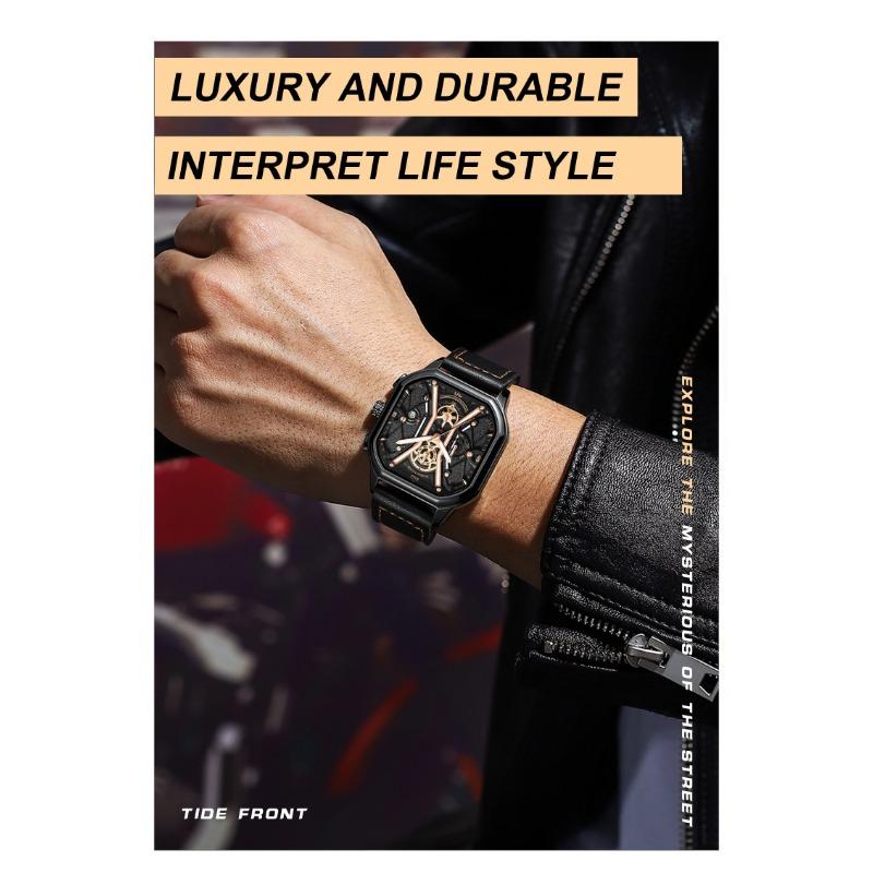 POEDAGAR Fashion Men Wristwatches Luxury Chronograph Luminous Waterproof Date Watch Square Dial Leather Quartz Watches