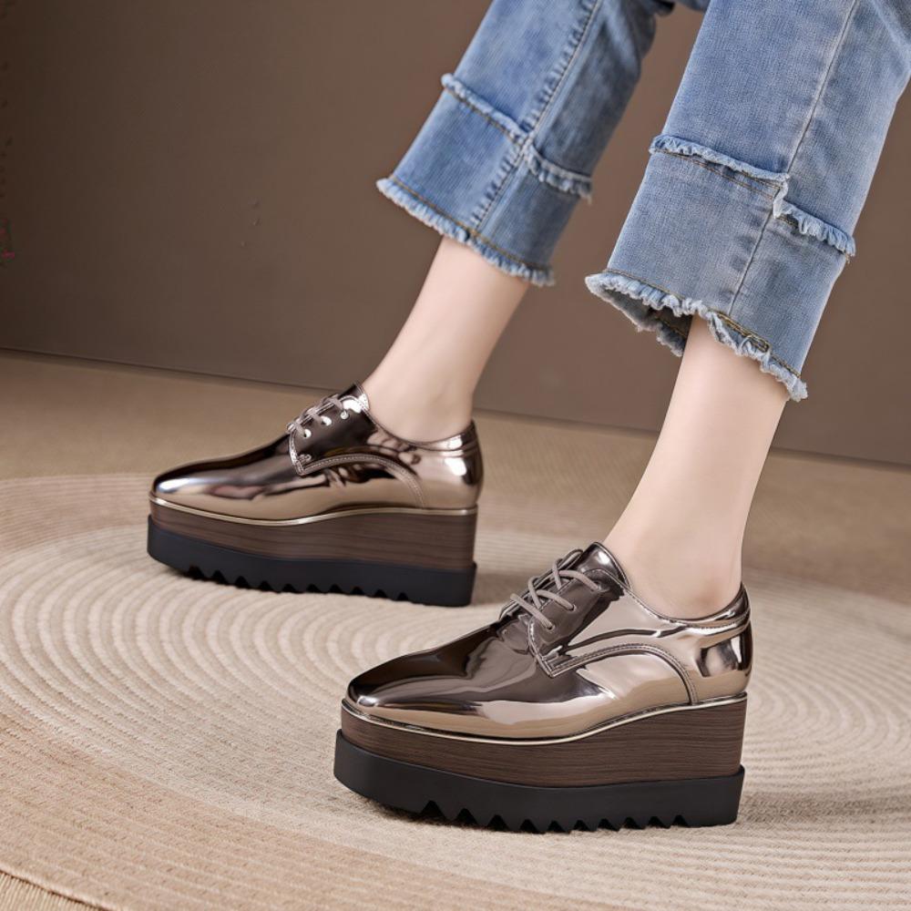 2026 Autumn Women Square Toe Patent Leather Wedge Platform Pumps, British Style Height‑Increase Versatile Thick‑Sole Casual Leather Shoes HZB‑761‑8
