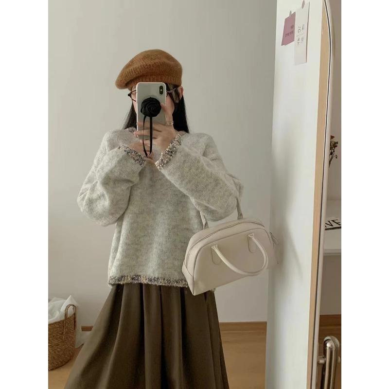 Variegated crew neck cuff pullover sweater women's autumn and winter new loose and versatile soft waxy knitted sweater top