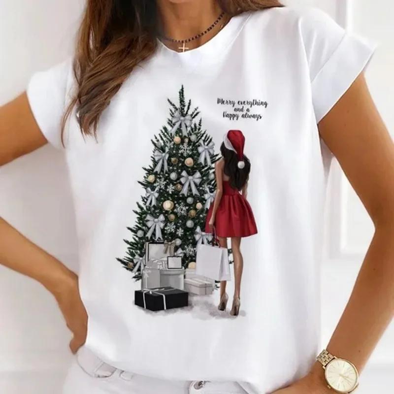 Festival Christmas Printed Short Sleeved Casual Womens Tshirt Crewneck Tops Kawaii Fashion Women TShirt Clothes Harajuku