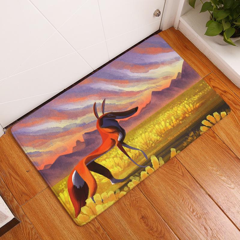 Home Living Room Bedroom Corridor Door Mat Rectangular Kawaii Rug Cartoon Cute Corgi Fox Pattern Non-slip Rug