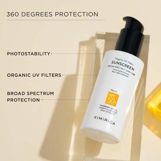 Kimirica orgaanilised UV-filtrid päikesekaitsekreem koos SPF 50+ PA ++++ | Laia spektriga, UV A, UV B ja sinise valguse kaitse | Kõigile nahatüüpidele | 100 ml