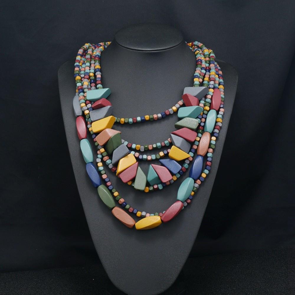 Multilayer Geometric Wooden Necklace For Women Ethnic Boho Festival Jewelry