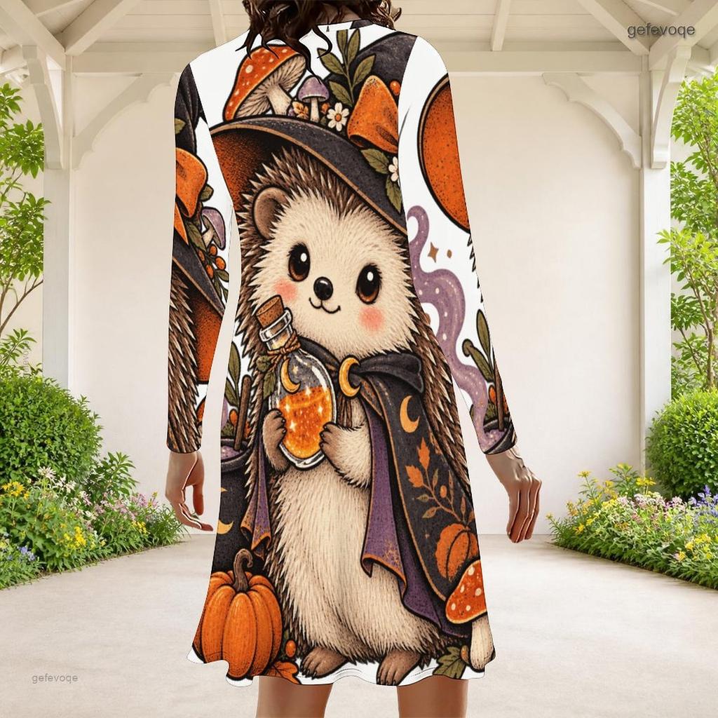 Women Plus Size Round Neck Long Sleeve Halloween Sloth Printed White A Line Dress