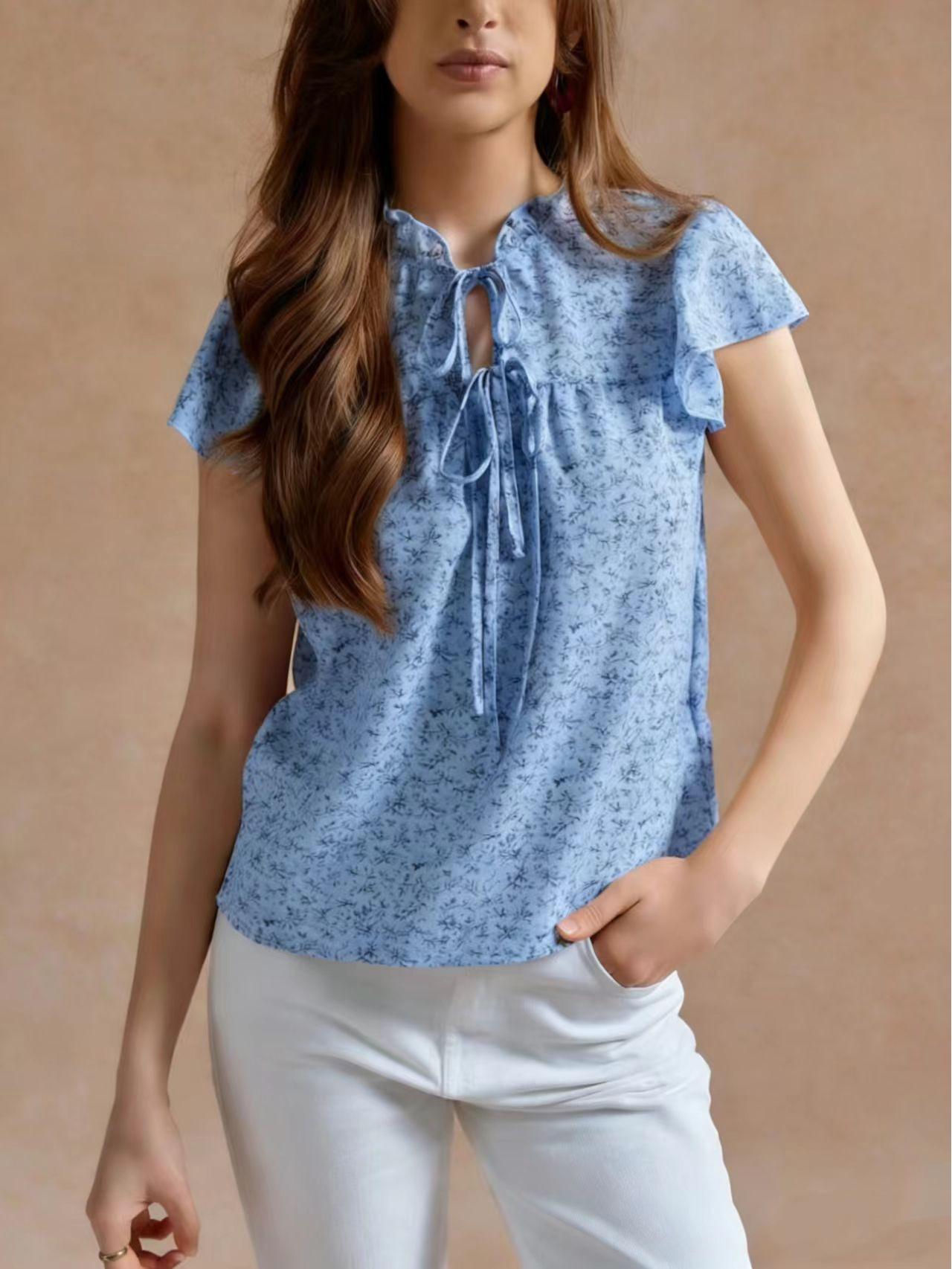 

Elegant Floral Lace-Up Short-Sleeve Pullover T-Shirt (Spring/Summer 2026) Double Extra Large
