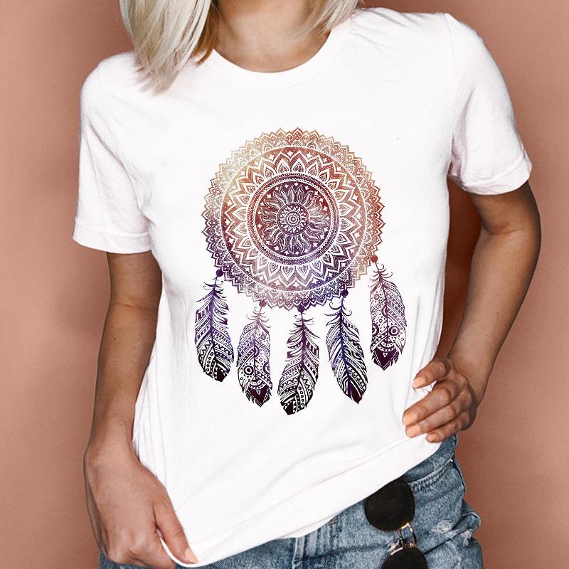 Fashion Feather Graphics Women T-Shirts Summer 90S Blouse Short Sleeve Tees O-Neck Female Tops Streetwear Y2K Clothing