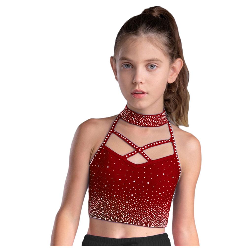 Kids Gymnastics Top Halter Sleeveless with Sparkling Rhinestones Cross Front Backless Dance Wear Costume