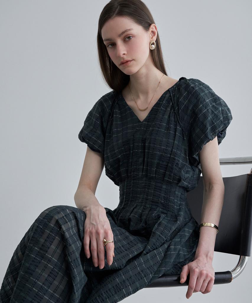 Leni And Mccoy See-Through Check Puff Sleeve Dress Ml08Op603Hjy