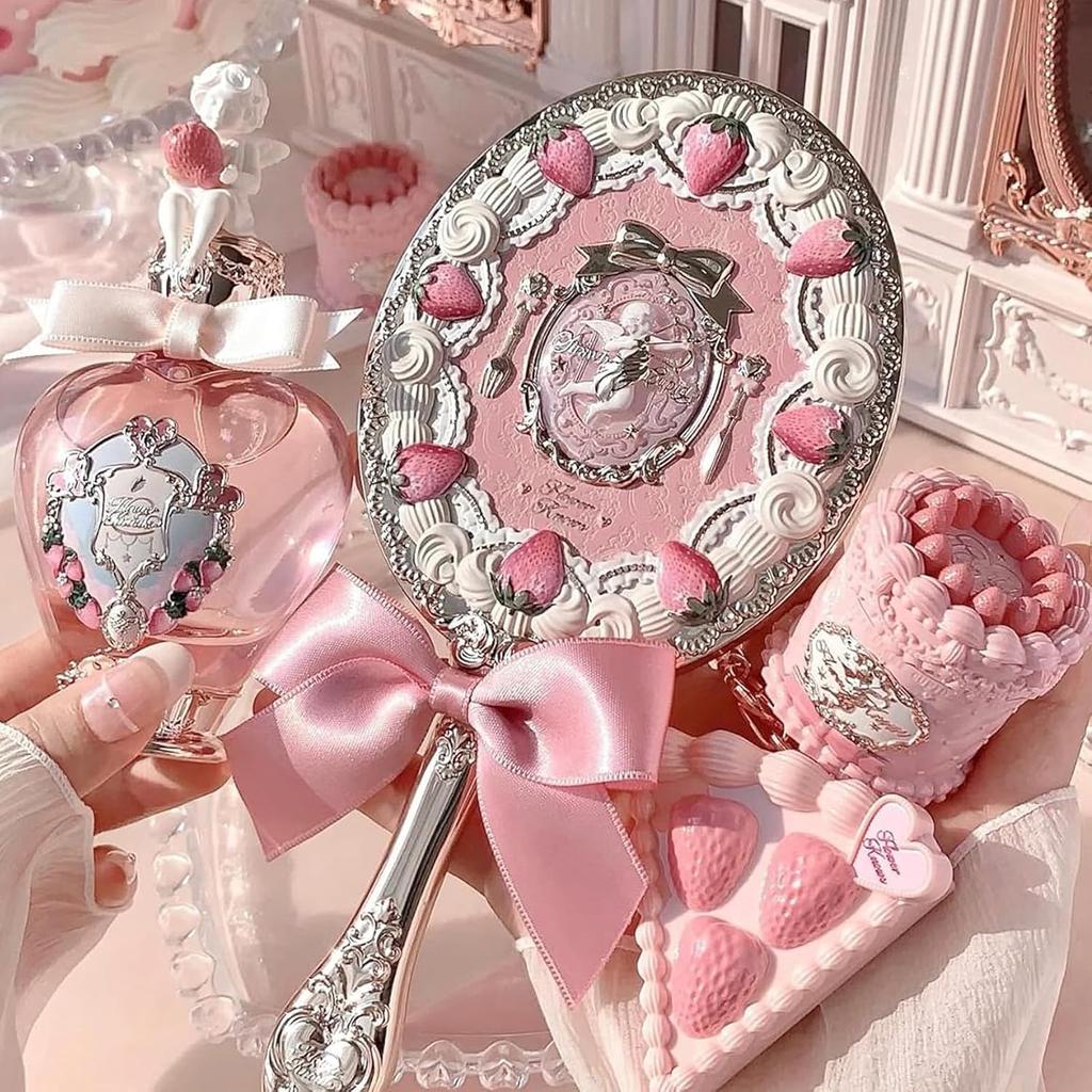Flower Knows Strawberry Cupid Hand Mirror,Vintage Handheld Mirror,Fancy & Pretty Princess Mirror with Long Handle,Gift for Girls & Women(Milk Pink)
