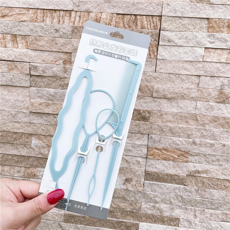 Korean Style Hair Styling Tool Set - 4-Piece Double Hook Pull Needle & Curly Hair Bands In Four Colors