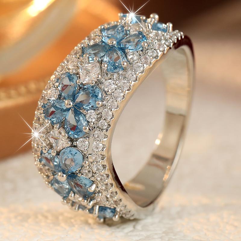 Luxury Inlaid Sea Blue White CZ Flower Women's Ring Trendy CopperColor Geometry Daily Wear Party Jewelry Anniversary Gift