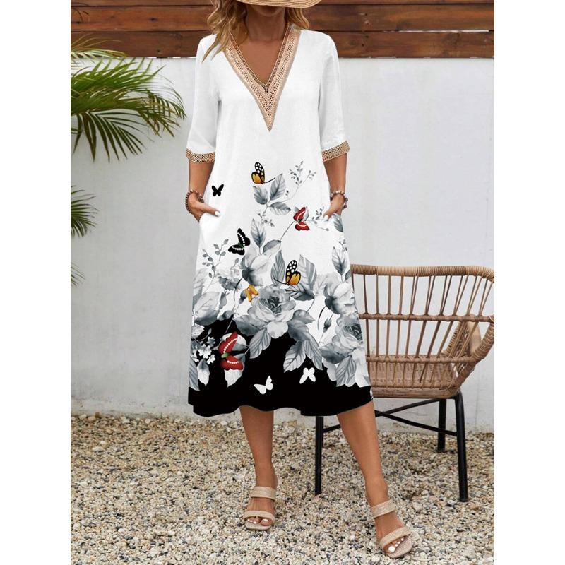 Damen Frühling/Sommer Bedrucktes Kurzarmkleid Spitze V-Ausschnitt Locker Swing Kurzarm Mittellanges Kleid