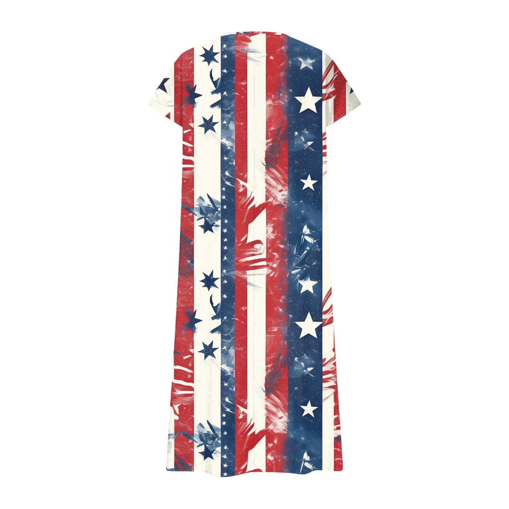 Women’s Short Sleeve V Neck Maxi Dress with Star Print Loose Fit Casual Summer Dress for Daily Wear and Outdoor Activities