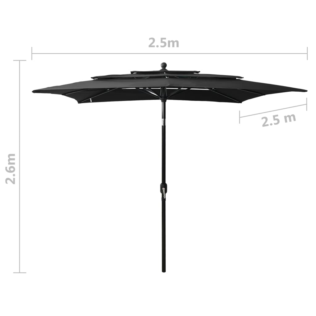 2.5 x 2.5 m Black Triple Layer Sun Umbrella with Aluminum Pole