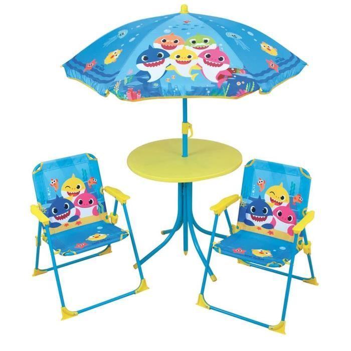 FUN HOUSE Baby Shark Salon de jardin - 1 table H.46xø46 cm, 2 chaises H.53xl.38,5xP.37,5 cm et 1 parasol H.125 x ø100 cm