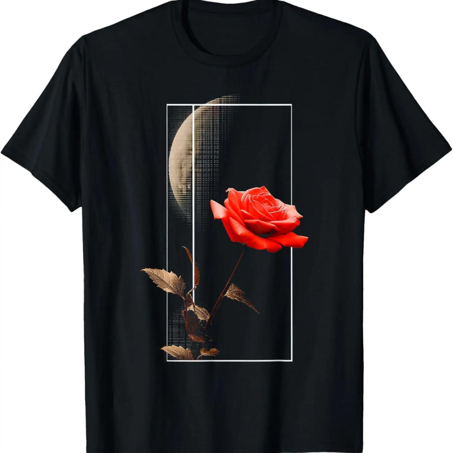 Rose Motif Moon Nature Art Graphic Rose T-Shirt S чёрный