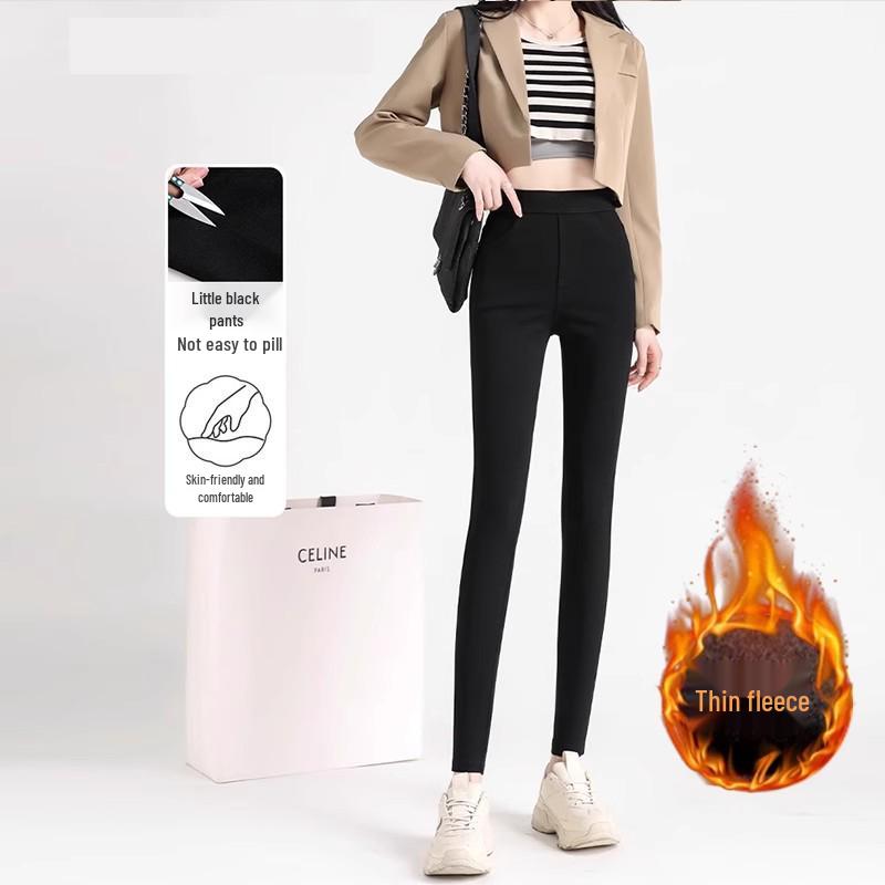 Black High-Waisted Fleece-Lined Skinny Leggings for Women - Warm, Elastic, Ideal for Autumn/Winter Wear, Tight-Fitting Pencil Pants