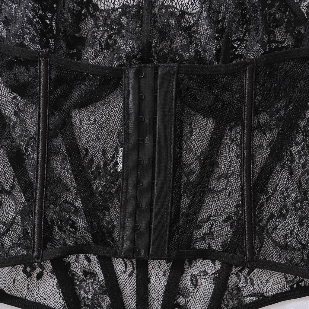 Damen Sexy Bandeau Dessous-Set Spitze Mit Stäbchen Schlankes Neckholder Unterwäsche Push-Up Taillenraffung Oberbekleidung Dessous-Set