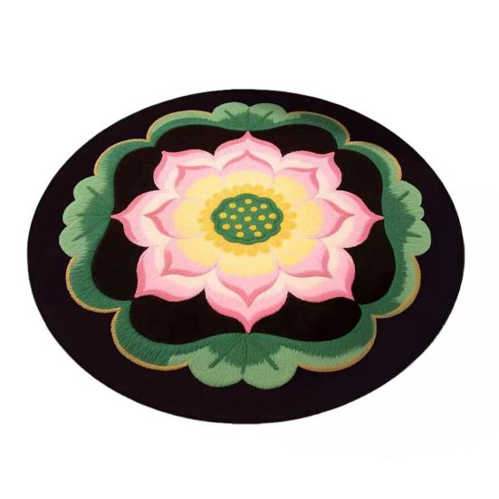 Lotus Flower Floor Mat Round Living Room Rug Lotus Pattern Carpet with Non-Slip Backing for Home Office Bedroom Kitchen