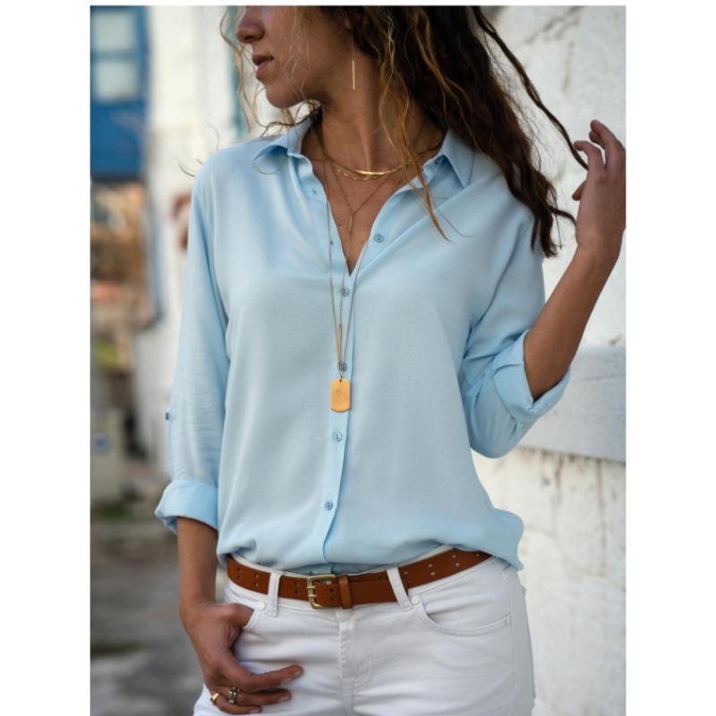 BITCED Women's Fashion Casual Solid Color Print Long Sleeve POLO Neck Blouses & Shirts