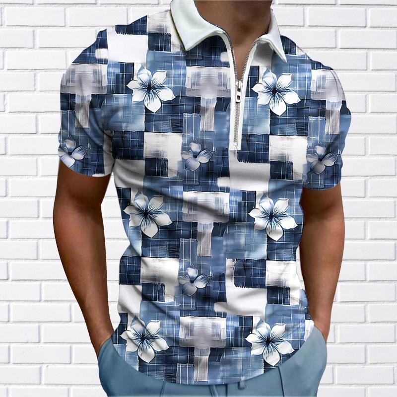 Herrenhemd Polo Casual Reißverschluss Kurzarm Mode Lässig Reißverschluss Sommer Frühling Normale Passform 3D Kokosnussbaum-Druckhemd