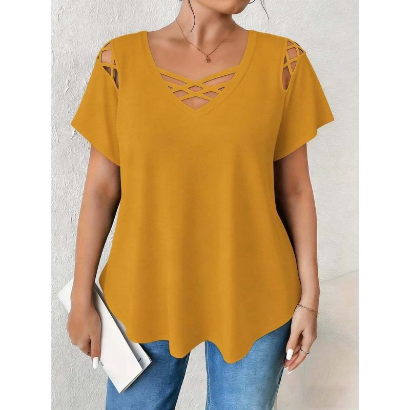 V-neck Short Sleeved Cross Strap T-shirt Large Size Summer Casual Fashion Hollow Out Blouse Solid Color Women Sweet Simple Office Shirts Clothing