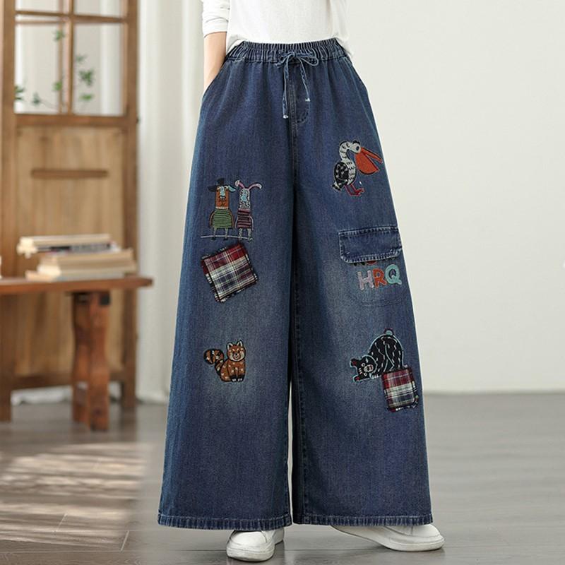 Plus Size Vintage Embroidery High Waist Casual Loose Women Spring Summer Autumn Jeans Denim Wide Leg Pants