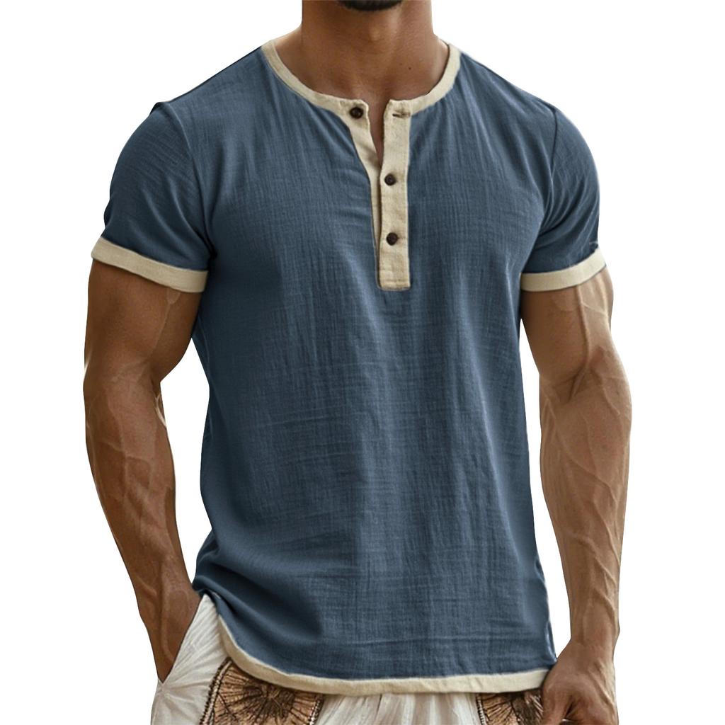 Men's Breathable Solid Color Pleated T-shirt Men's Casual Contrast Color Short Sleeve T-shirt
