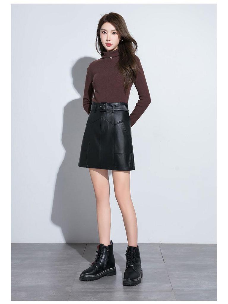 2025 Autumn/Winter Women's Genuine Lambskin A-line High-Waisted Slimming Midi Skirt