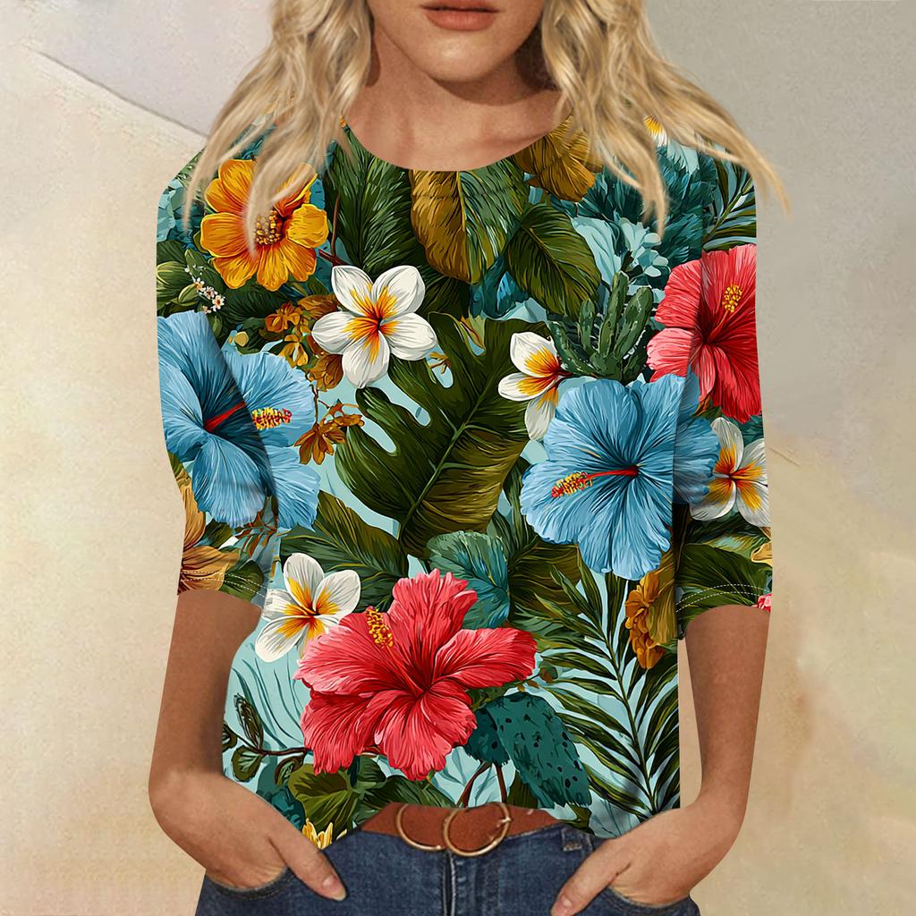 Women's Fashionable Casual Round Neck Three-quarter Sleeve Hawaiian Print T-shirt Top