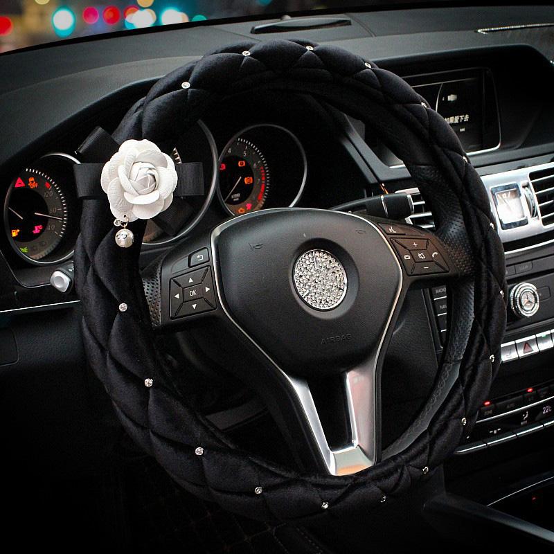 Rose Flower Women Car Steering Wheel Cover 37-38cm Universal Breathable Leather Anti-Slip Auto Steering Wheel Cover Interior