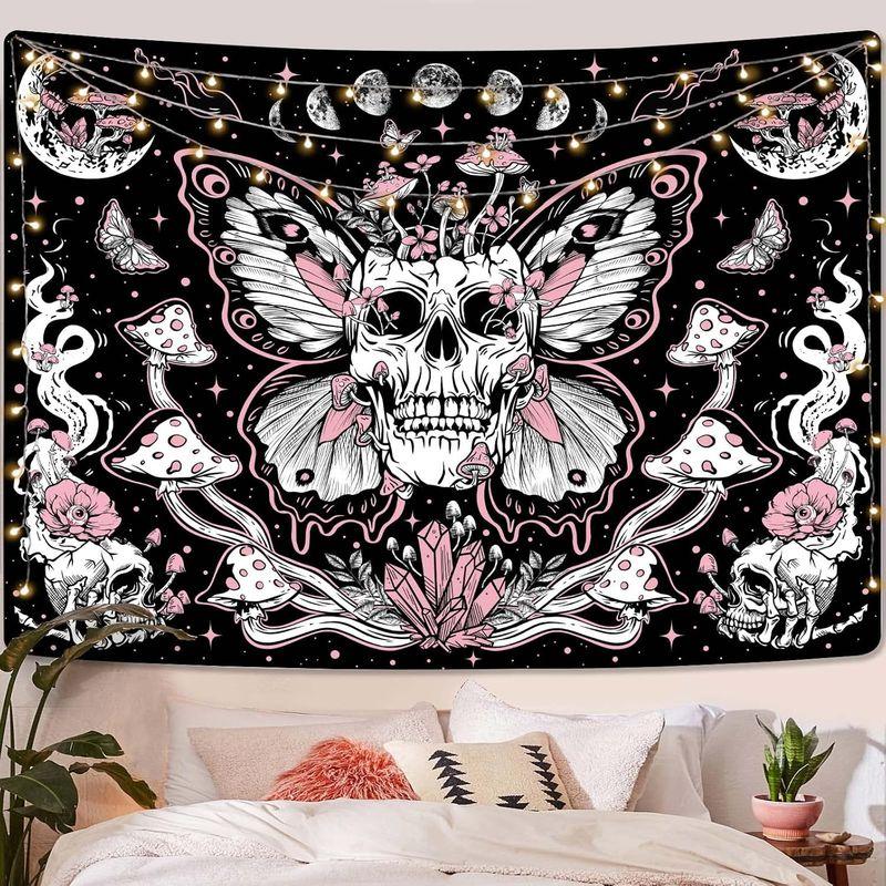 Pink Butterfly Skull Tapestry Moon Phase Mushroom Crystal Witchy Wall Hanging Dark Aesthetic Dorm Bedroom Home Decor
