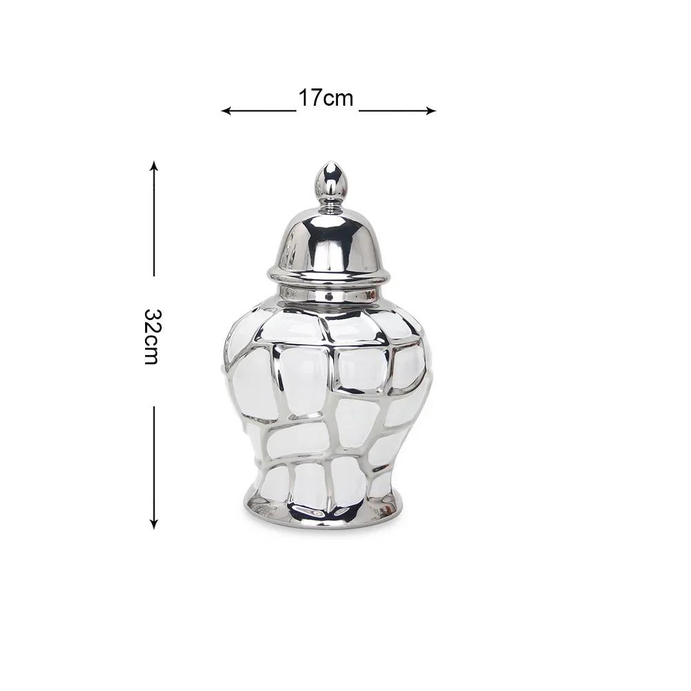 Ceramic General Pot Silver Grid  Porcelain Ginger Jar Storage Tank with Cover Flower Vase Home Furnishing Decoration Vases Pots