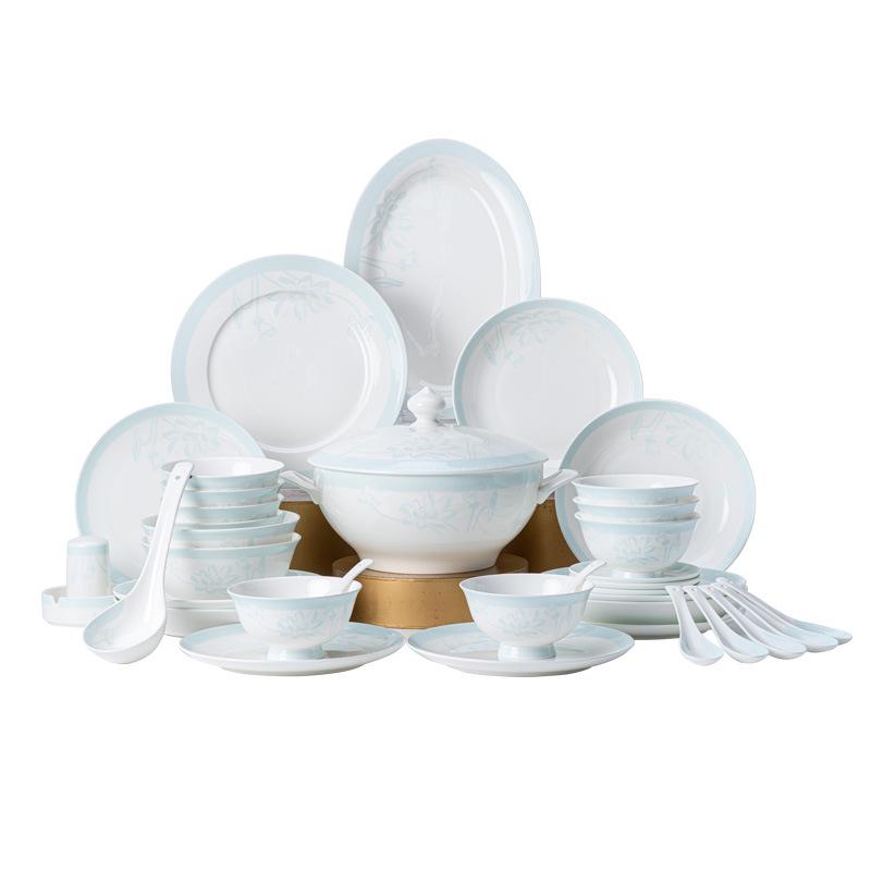 Tangshan Bone China Tableware Set: Underglaze Rice Bowls, Plates, Noodle & Soup Bowls, Chopsticks Combination.