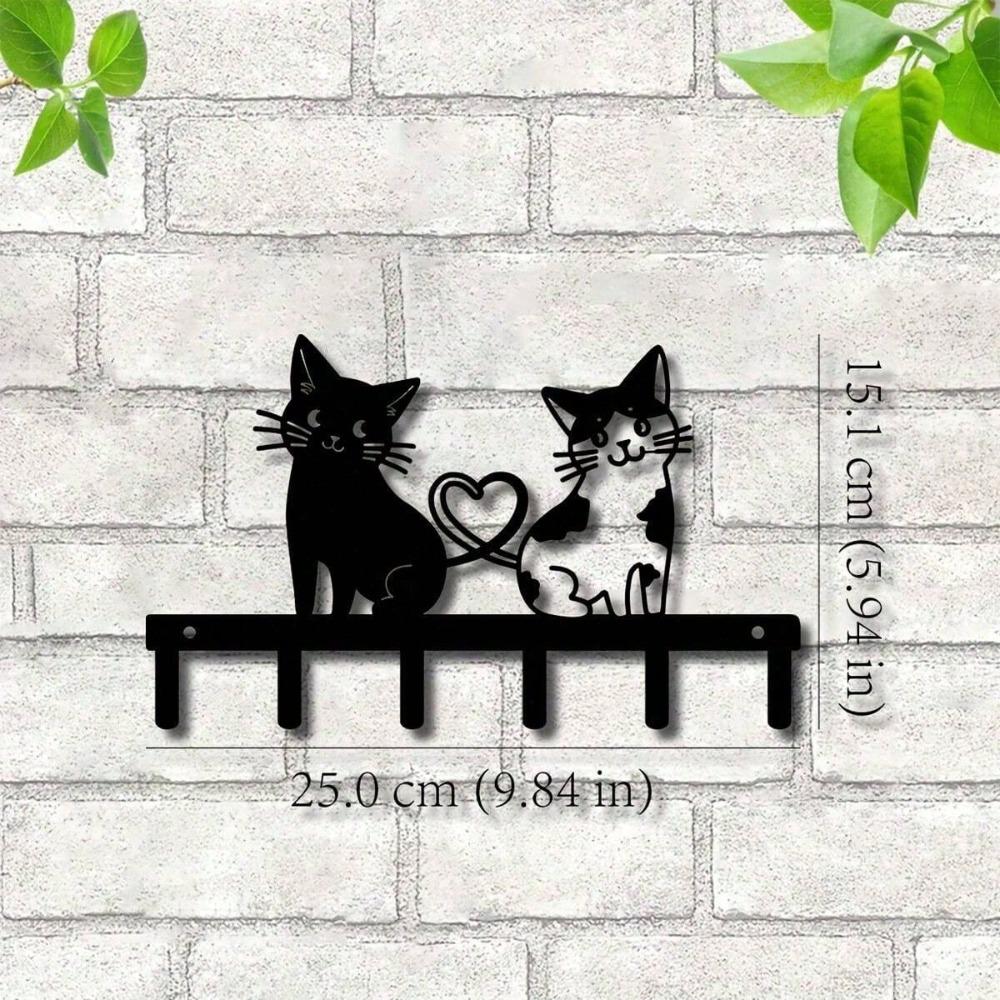 Double Cat Heart Shaped Metal Key Holder Wall Mounted Storage Rack Black Home Decor TY10156-01