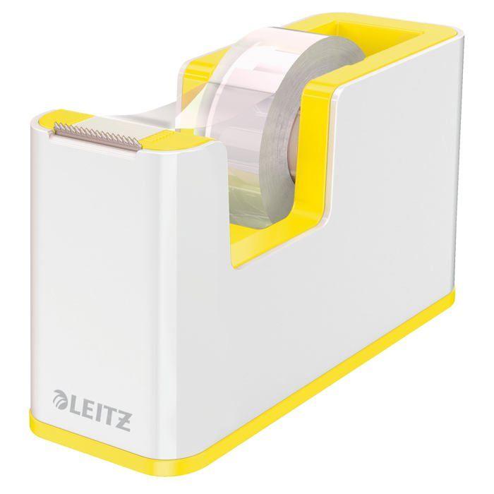 Dévidoir de Ruban Adhésif - Leitz - WOW - Blanc/Jaune - Base Lourde - Lame Ultra-Aiguisée