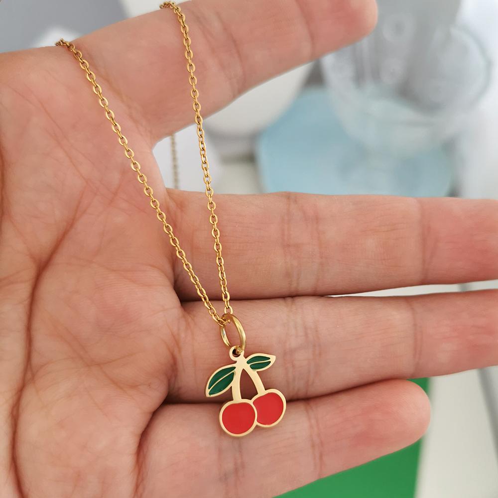 QMHJE Pendant Necklace Women Stainless Steel Strawberry Cherry Fish Lemon Slim Chain Choker Gold Waterproof