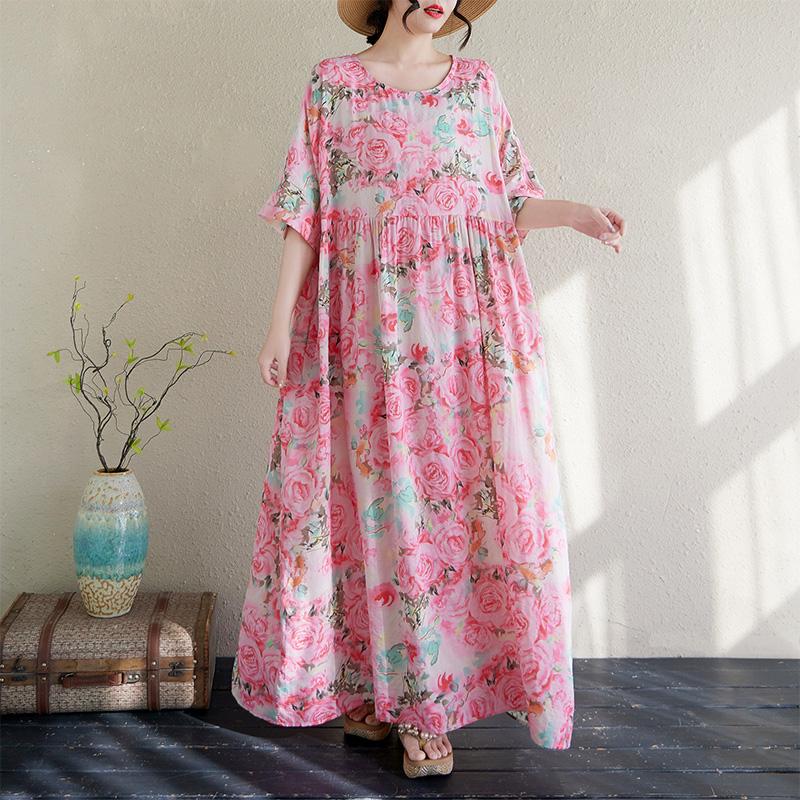 

DIMANAF Plus Size 2025 Summer Long Dress Women Basic Linen Vintage Beach Casual Dress Loose Dress Floral One Size розовый
